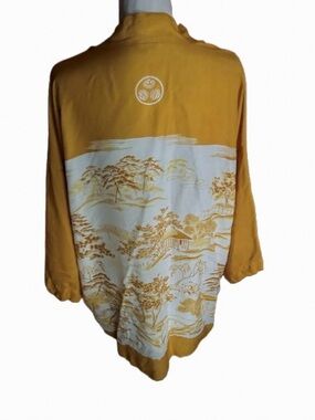 Vintage Hand Printed Pre-Shrunk Kimono Yellow Boho Cotton Scene Oriental Trees